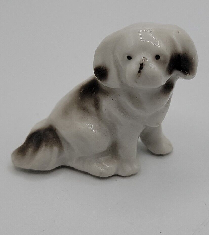 Vintage Pekingese Porcelain Figurine Made In Japan Black White Small Dog Figure
