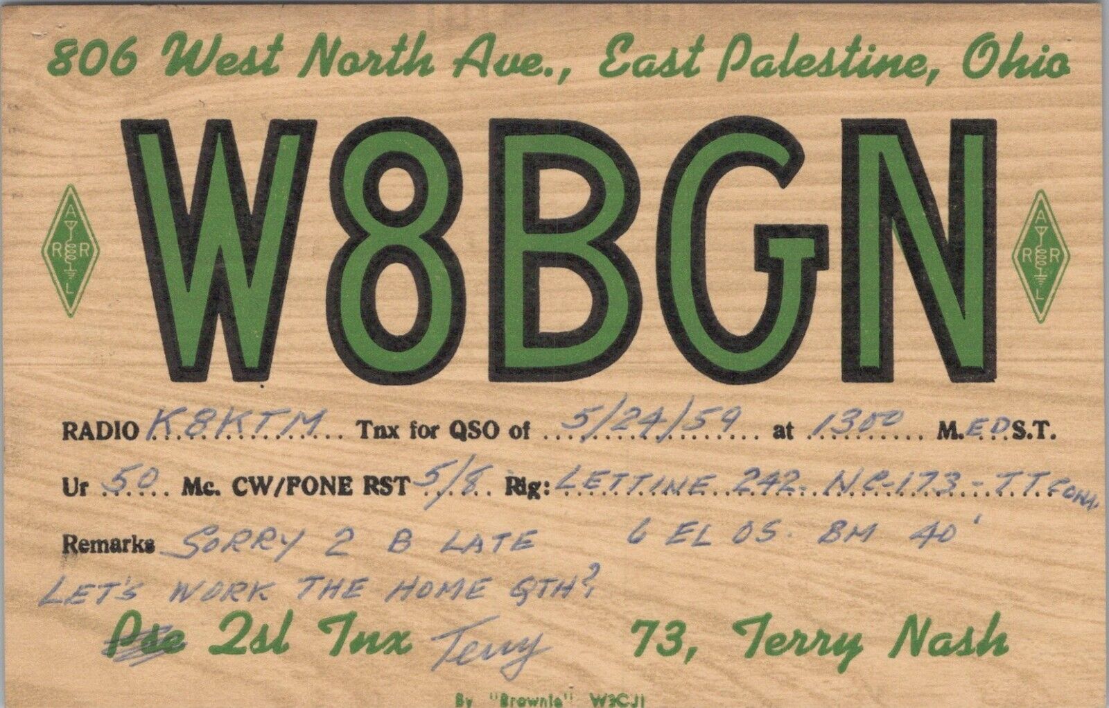 vintage amateur ham radio QSL postcard W8BGN Terry Nash 1959 East Palestine Ohio
