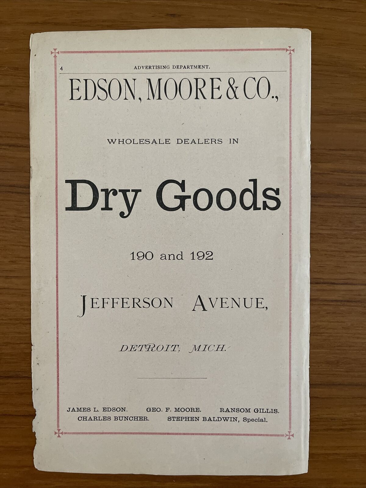 Antique Ad (1879) EDSON, MOORE & CO. DRY GOODS 190 Jefferson Avenue DETROIT, MI