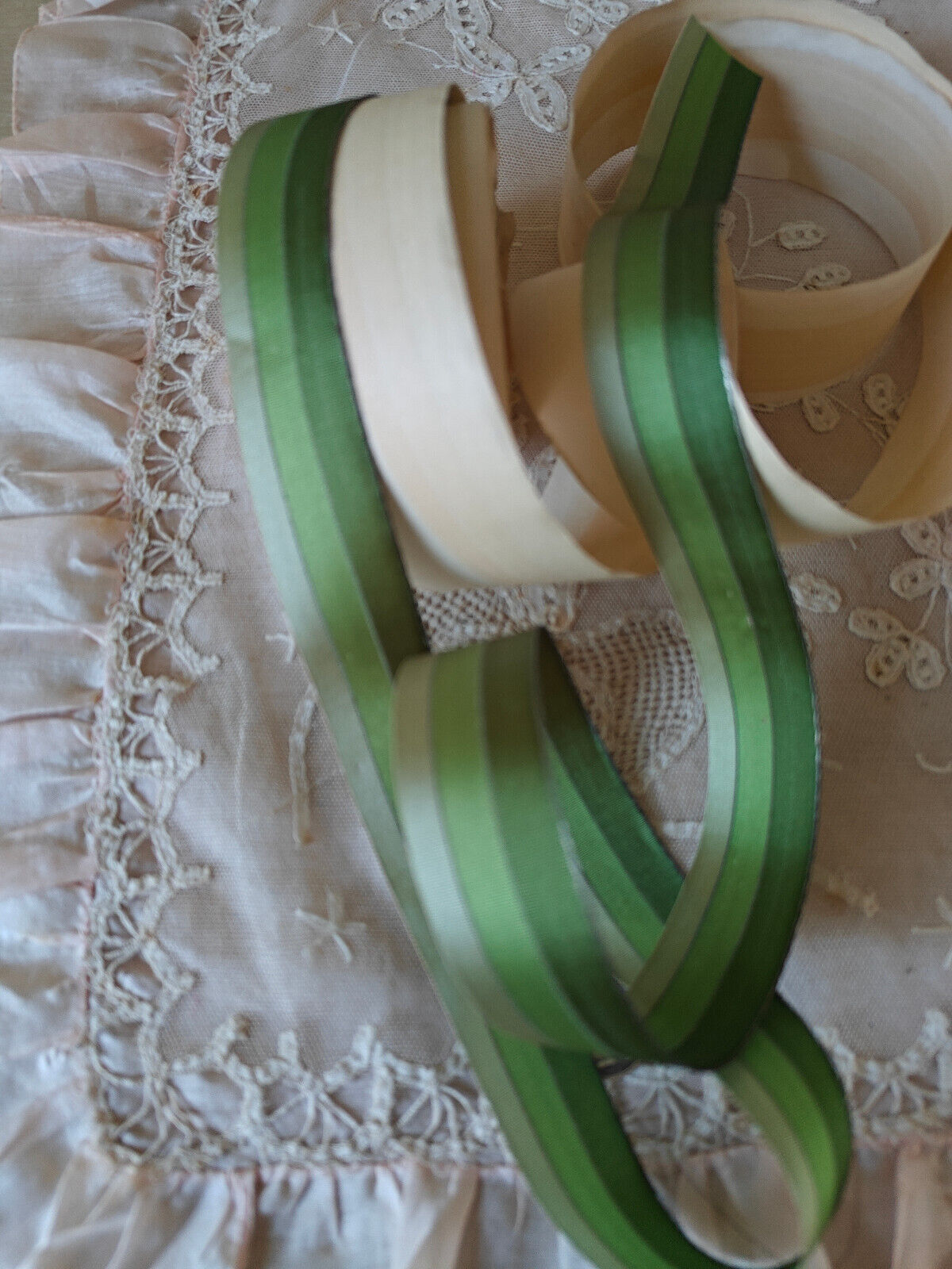 Antique 2+ Yards 1920s GREEN Stripe Gold Edge Millinery Vintage AS FOUND