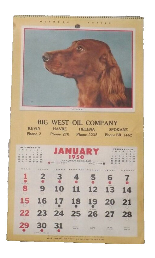 Vintage Big West Oil Company 1950 Calendar Outdoor Trails MT WA Brown & Bigelow