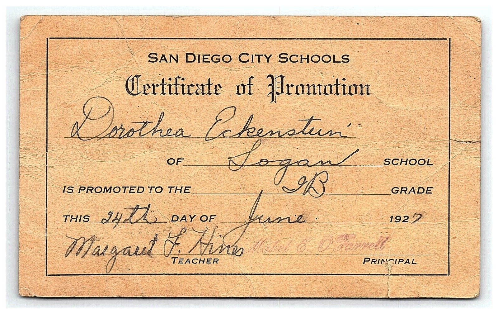1927 San Diego CA Schools Certificate  Promotion Logan Heights Mabel E O\'Farrell