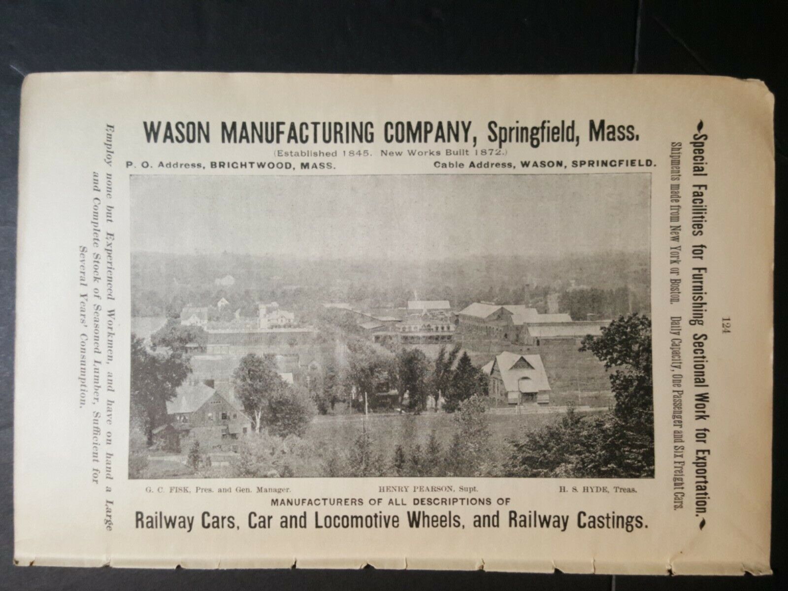 Original 1894 RARE  picture ad WASON MANUFACTURING Springfield Mass railroad 