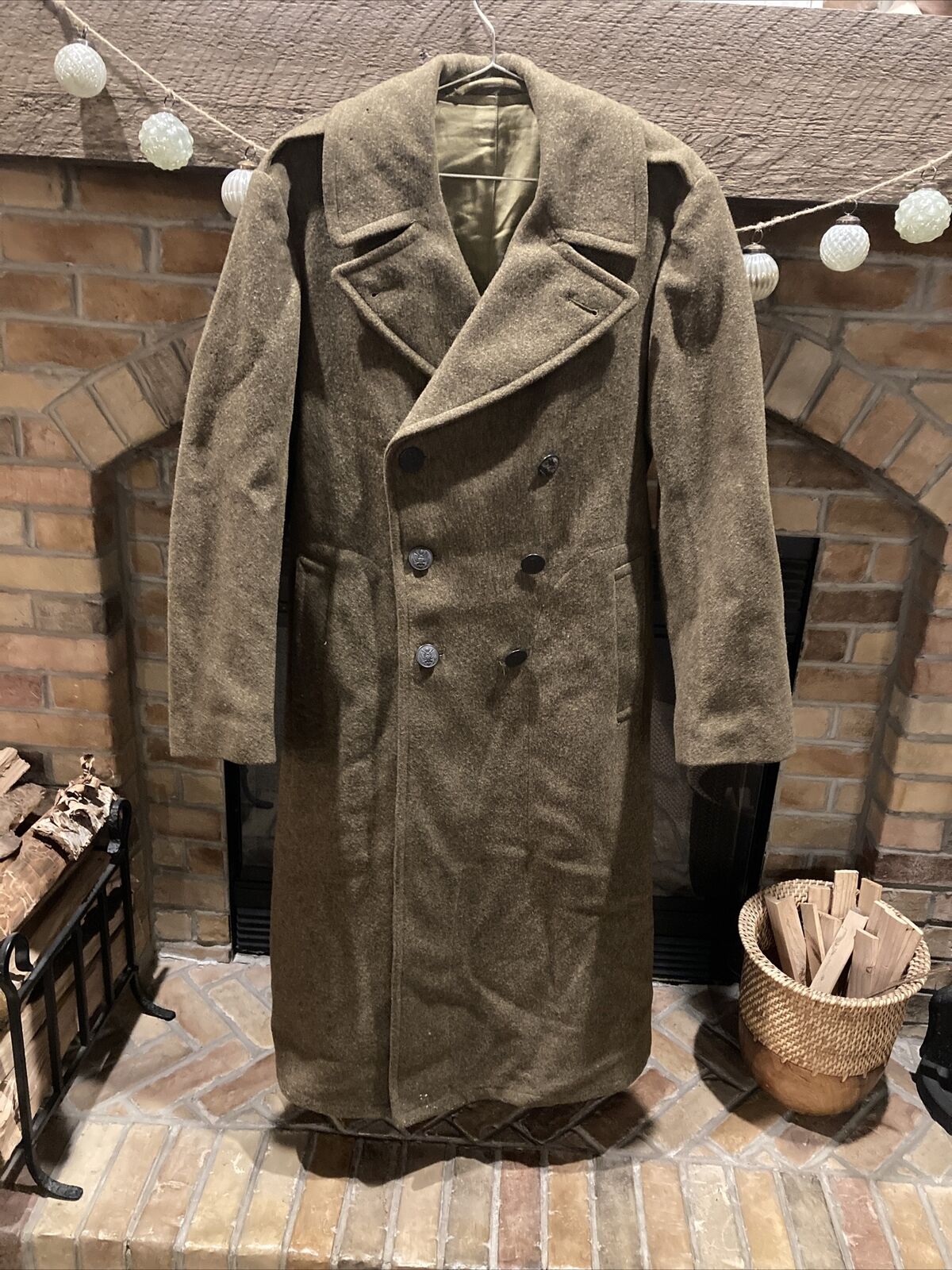 VTG 1940s WWII USA Full Length Army Green SZ 38 L Wool Trench inscribed name