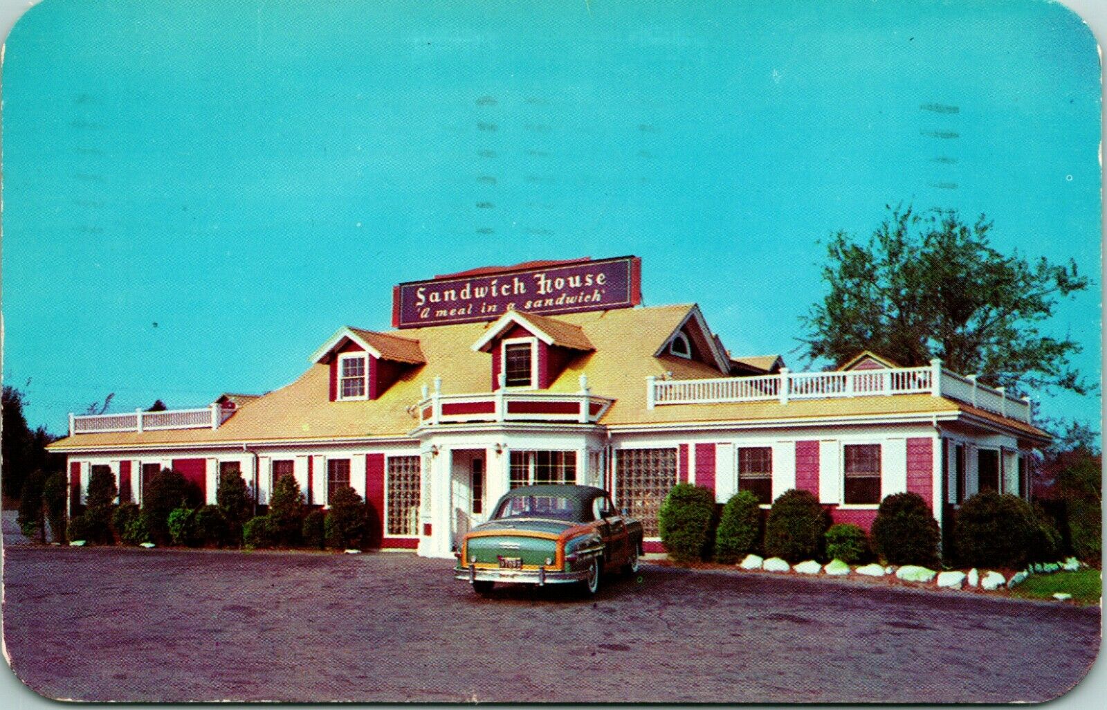 Vtg Postcard 1954 Auburn MA Massachusetts Sandwich House Restaurant w Car 