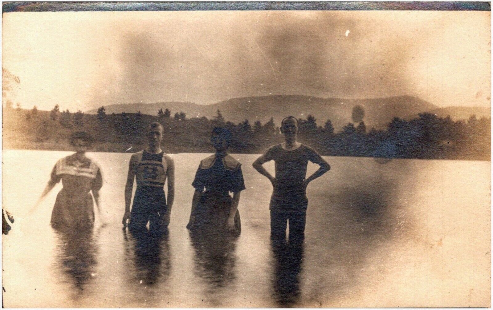 Swimmers Wading in Unidentified Lake Bathing Beauties 1900s RPPC Postcard Photo
