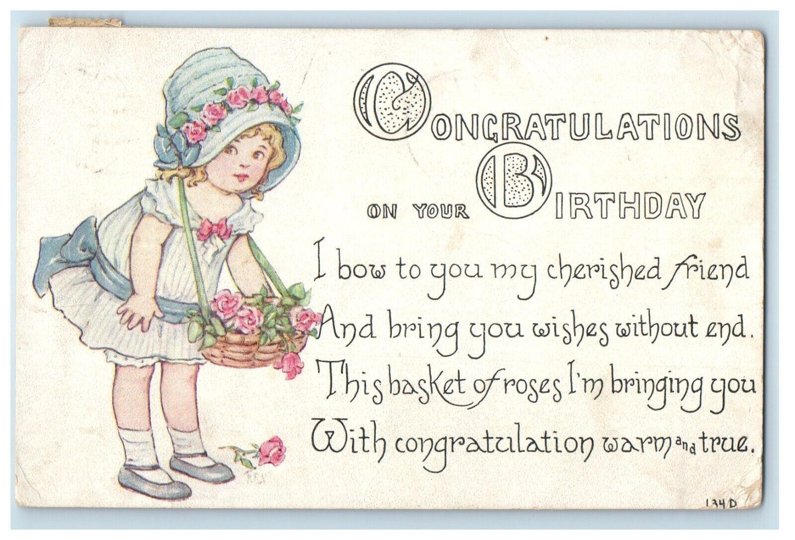 1915 Congratulations Birthday Girl Basket Of Flowers Little Fall NY Postcard
