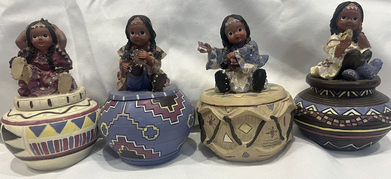 Vintage Native American Indian Trinket Jewelry Boxes Figurines Set Of 4