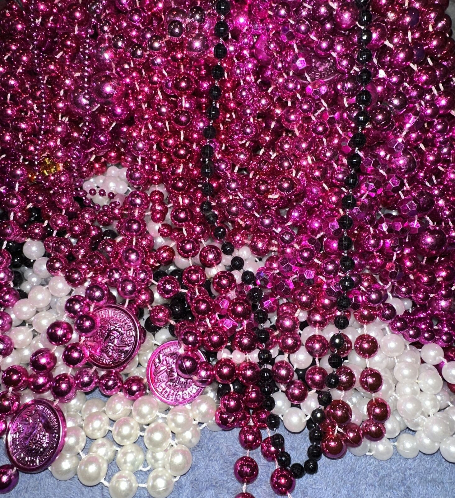 HUGE LOT Gasparilla, Mardi Gras, Beads Pink Black WhiteVarious Lengths 12-14 Lbs