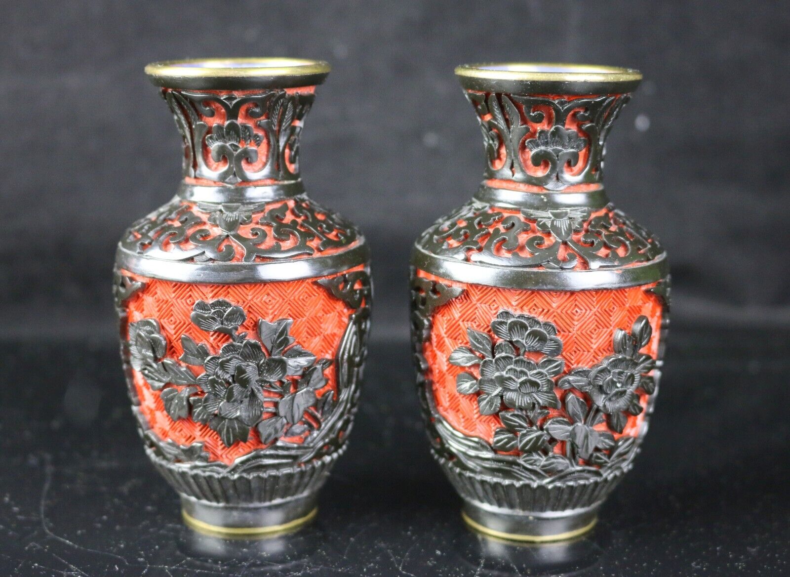 Pair of Vintage Chinese Miniature Black & Red Carved Cinnabar Lacquer Ware Vases
