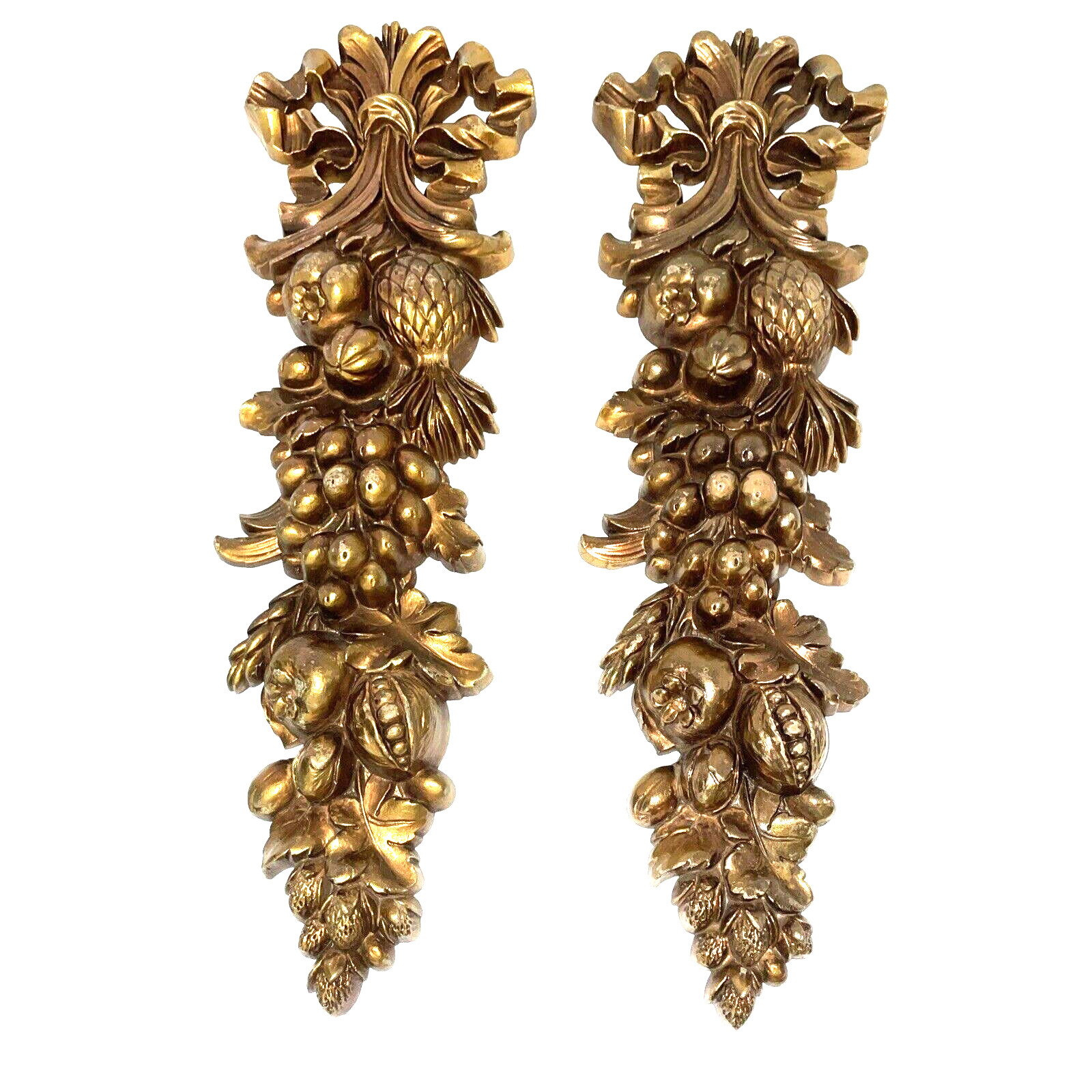 Pair Vintage Syroco Gold Hollywood Regency Fruit Wall Hangings Decor