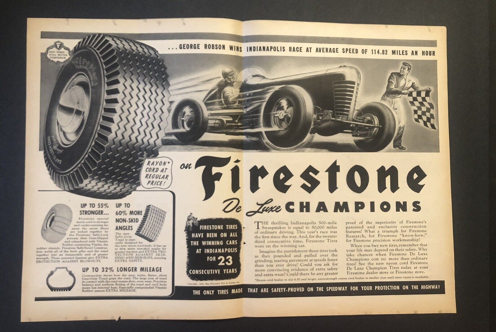 1940’s Racing Indianapolis 500 Firestone Tire George Robson Racer Magazine Ad