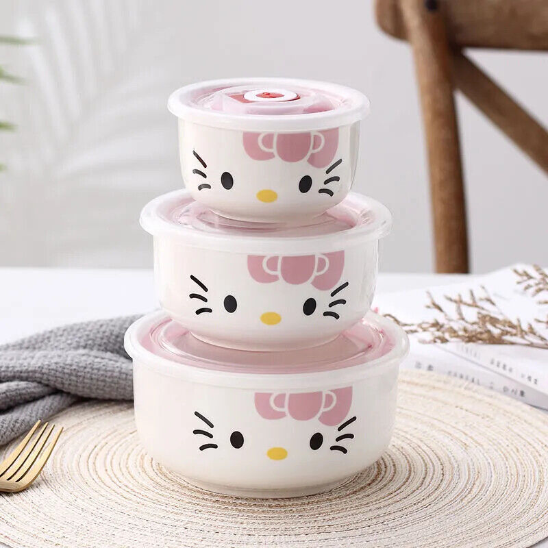 New 3 Pcs Hello Kitty Ceramic Food Rice Bowl Storage Containers Set w/lids pink