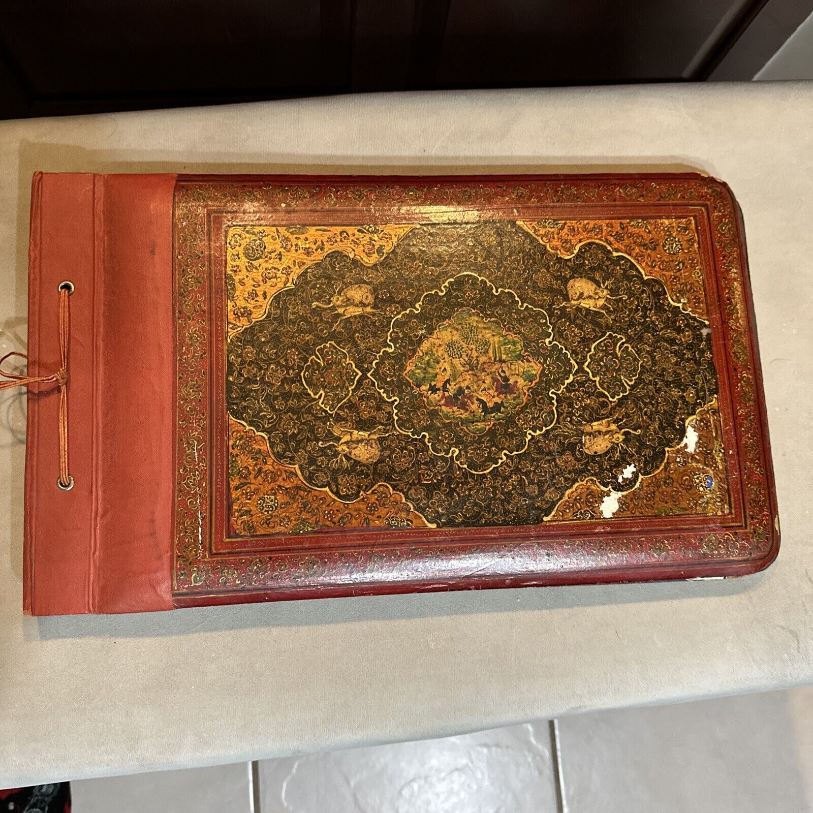 Vintage Persian Photo Album With Wood Covers 16.5”L X 9.5 W Some Chipping, Wear