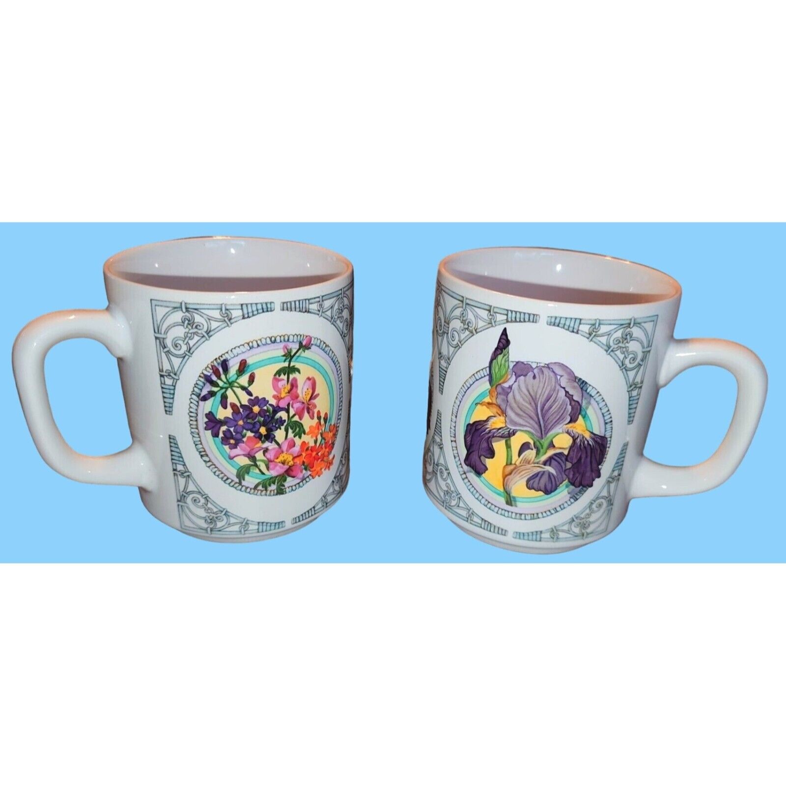 Pair Of Enesco Coffee Tea Mugs Floral Ceramic 12 oz Country Essence 1987 Mint Co