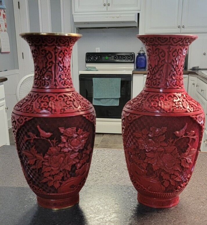 Vintage Chinese chrysanthemum Cinnabar Vases  12.75”