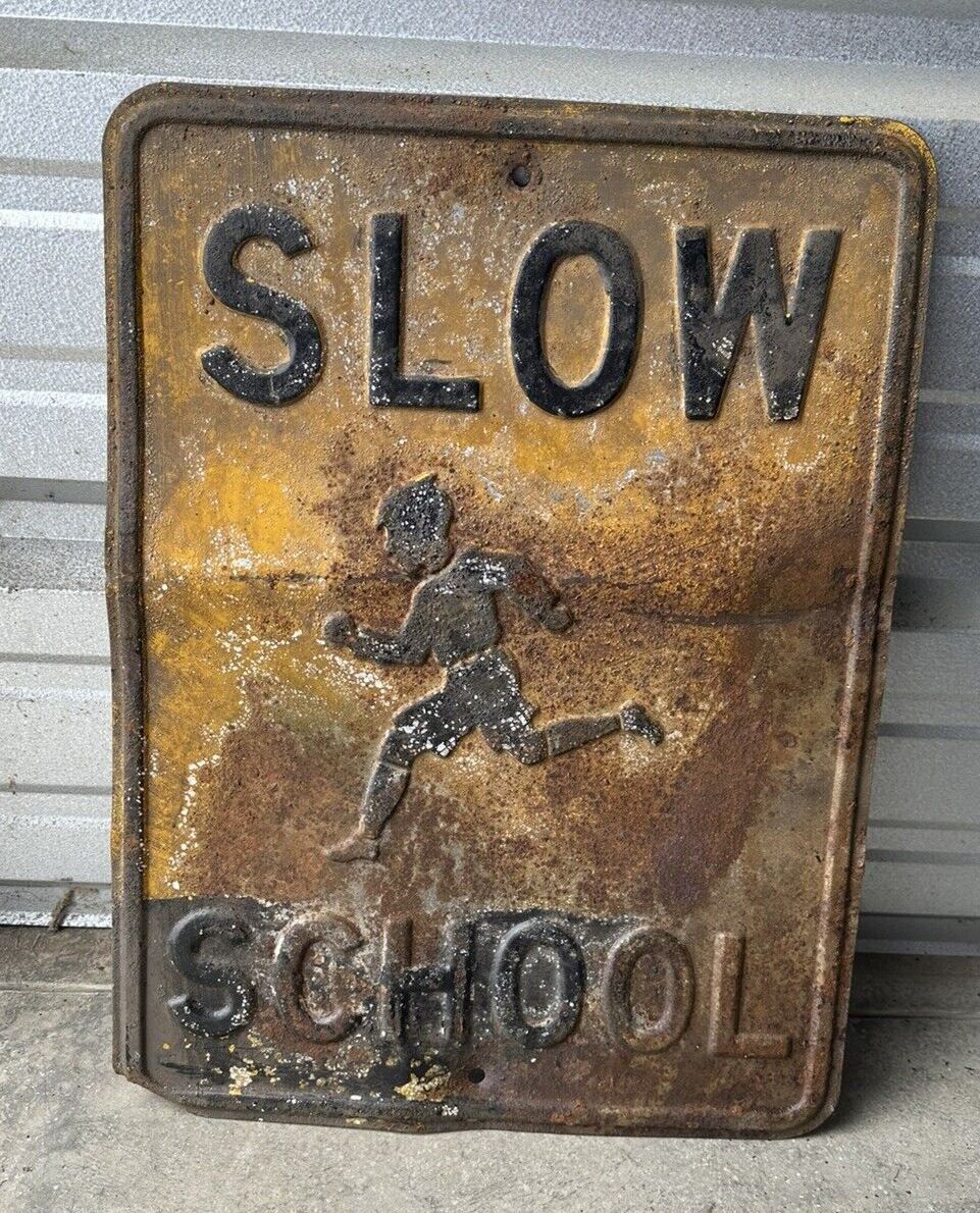Vintage Metal Slow School Embossed Street Road Sign