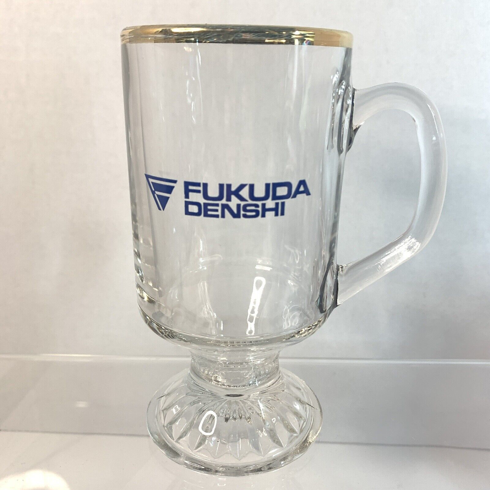 Vintage Fukuda Denshi Wine Glass/Cup Advertising Beer Stein Gold Rim RARE