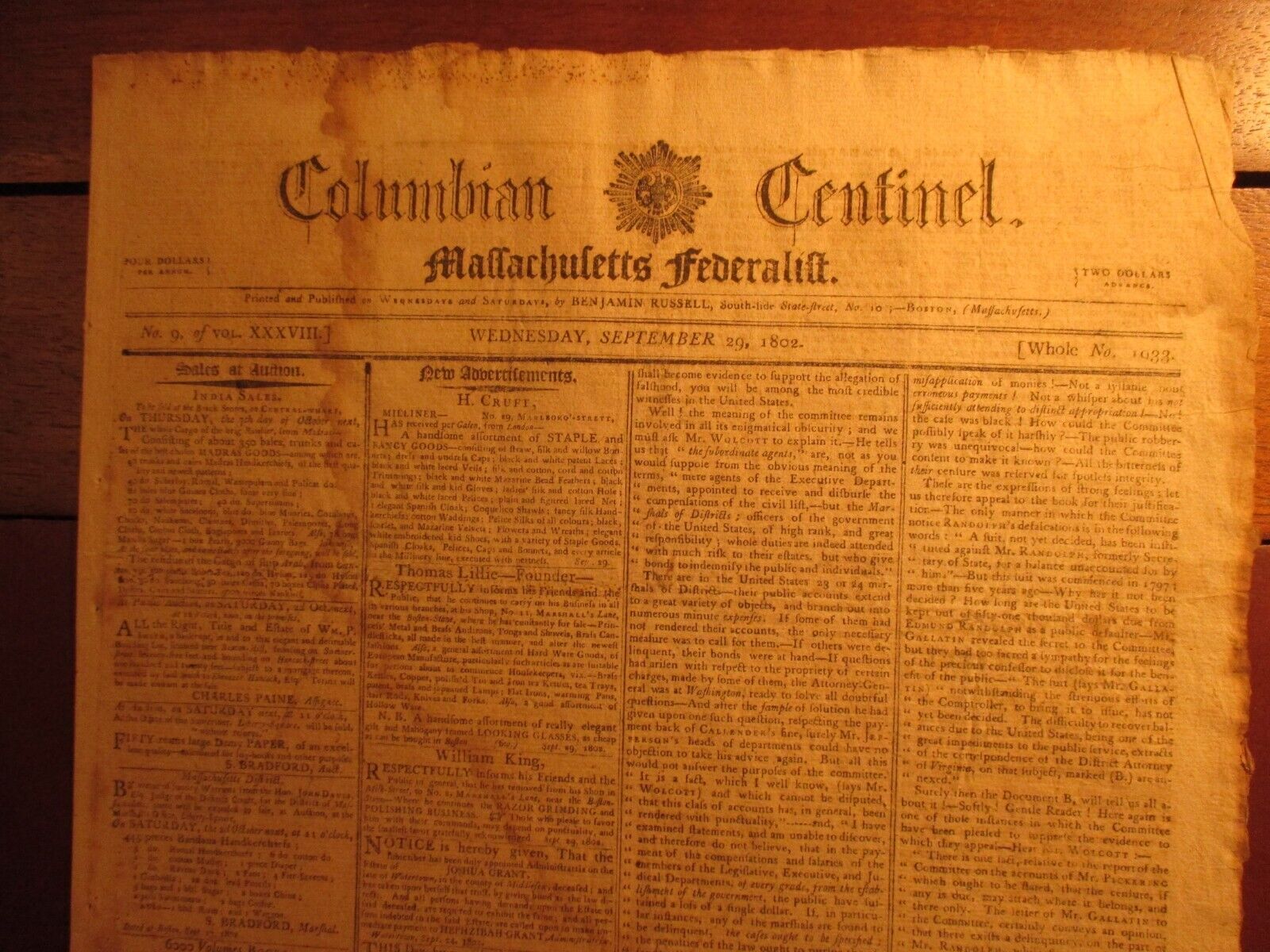 NEWSPAPER ANTIQUE 1802 Letter of BONAPARTE/Washington-Adams Nominations-John Q. 