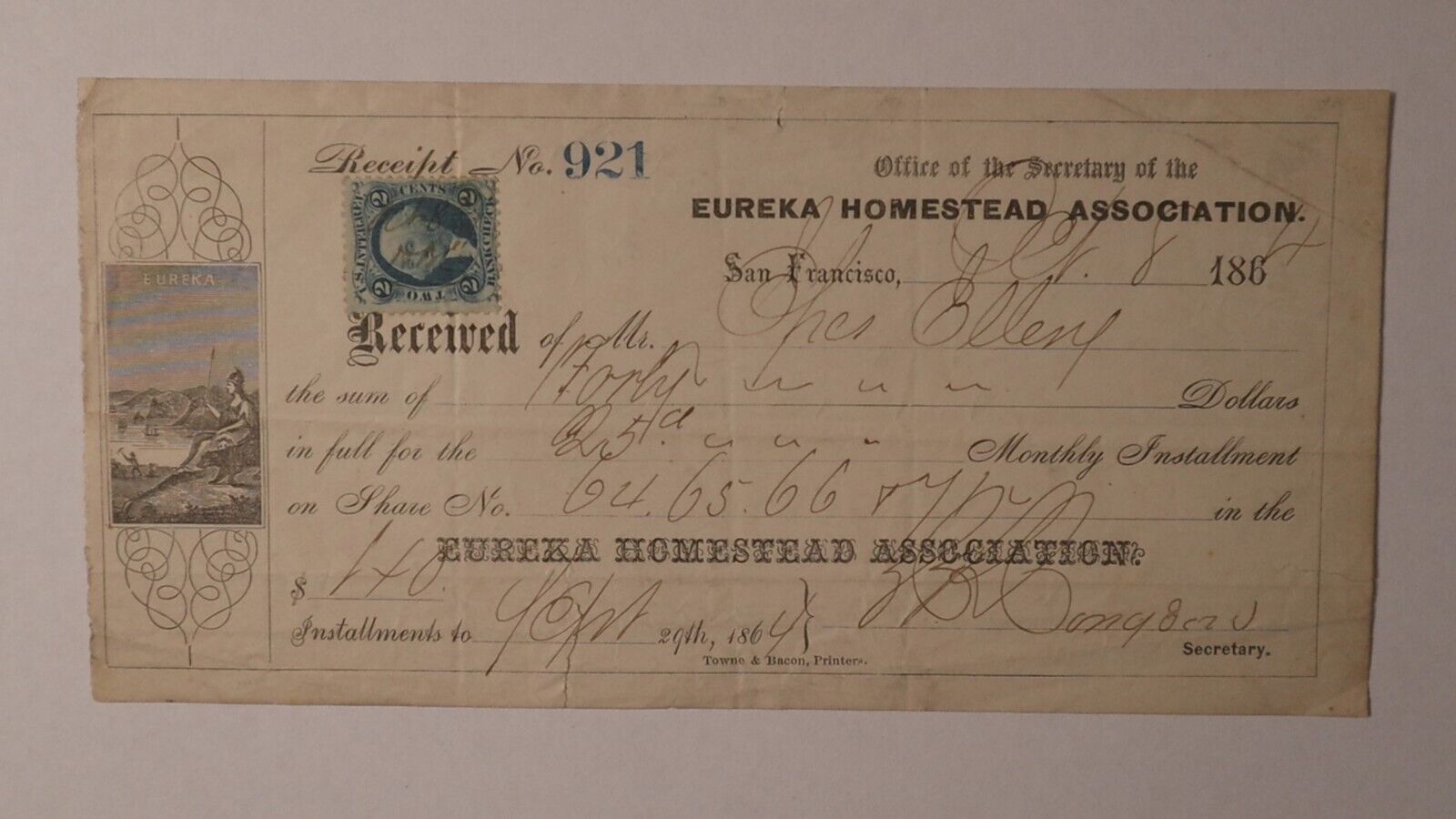 1864 San Francisco CA Illustrated Eureka Homestead Assoc. State Seal Stock Check