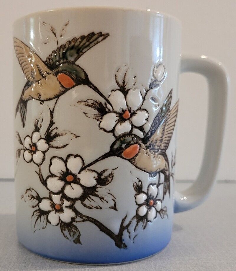Otagiri Coffee Cup Mug Hummingbirds in Flight Vintage Embossed Hand Painted