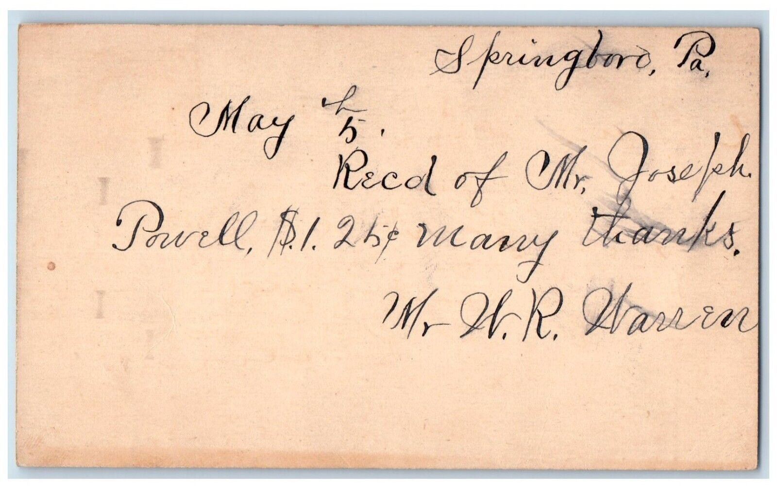 c1880\'s WR Warren Springboro Shadeland Pennsylvania PA Antique Postal Card