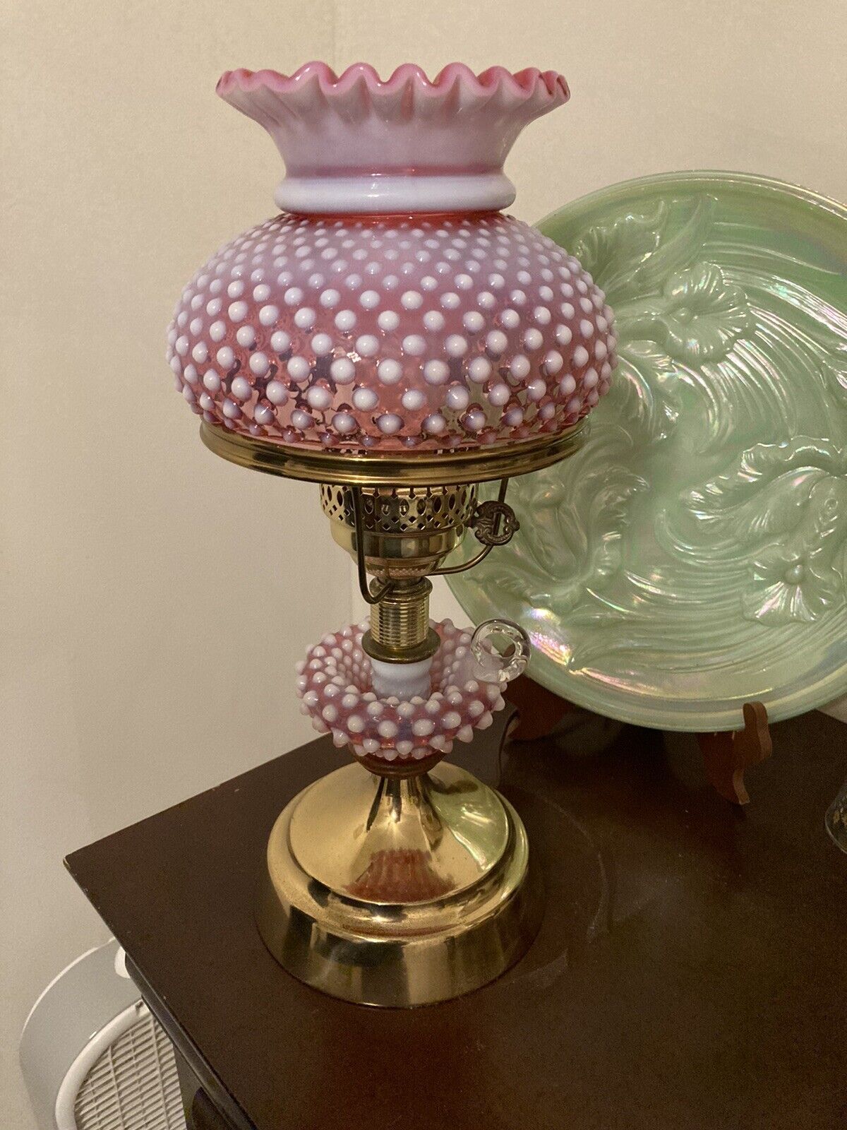 Unusual Vintage Fenton Cranberry Hobnail Opalescent Table Lamp