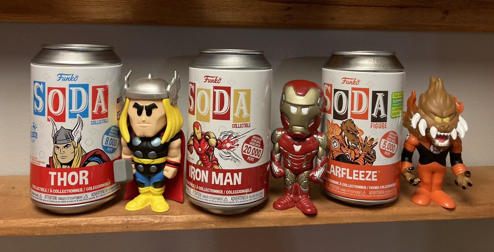Lot Of 3 Common Funko Soda Figs. Thor, Iron Man & Larfleeze
