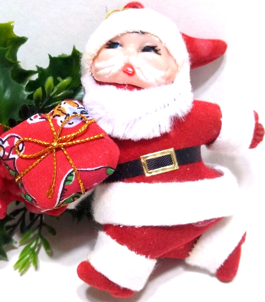 Vintage Flocked Santa Christmas Ornament Red about 3 1/2\