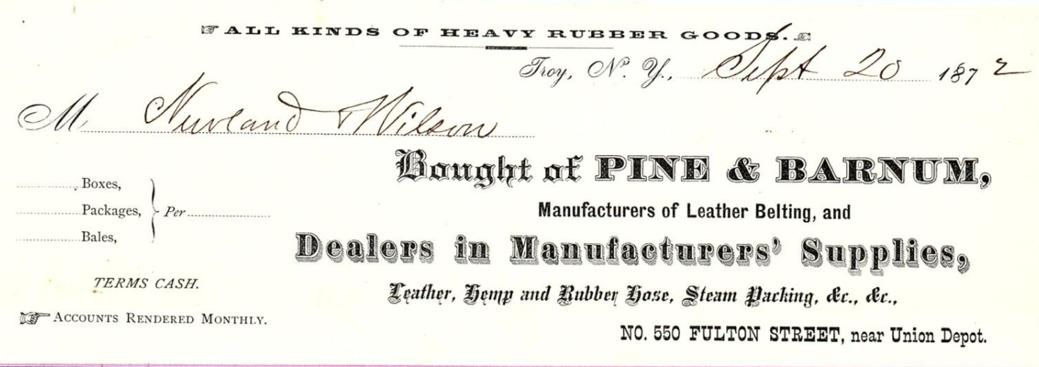 1872 TROY NY PINE & BARNUM LEATHER HEMP RUBBER HOSE BILLHEAD INVOICE Z1564