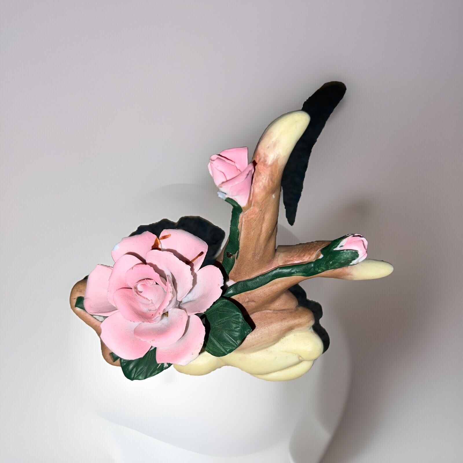 Vintage Capodimonte Style Glazed  Pale Pink Single Rose & Rose Bud on Branch