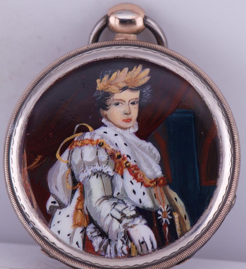 Antique Pocket Watch Awarded by Napoleon II-Silver Hand Painted Enamel Case 1815