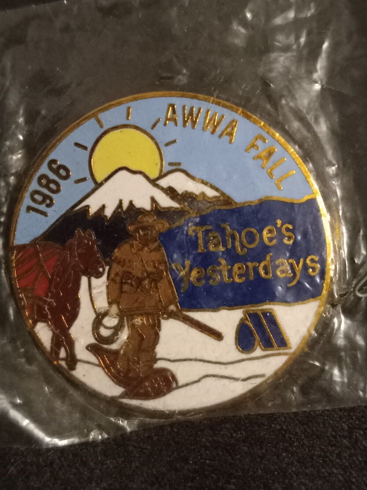 Vintage Tahoes Yesterday 1986 AWWA Fall Round Lapel Pin Souvenir Goldminer Mule
