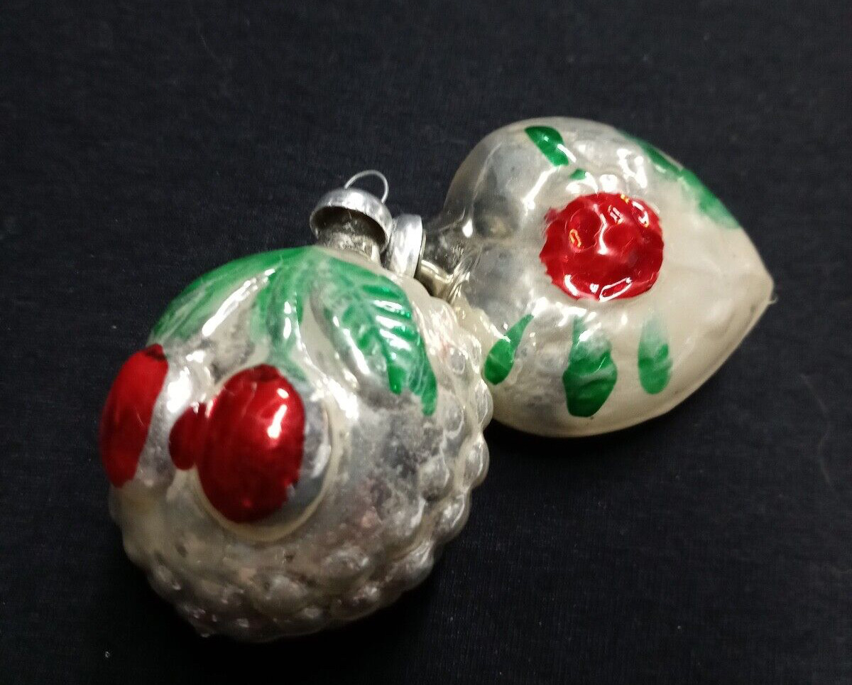 Two Antique Christmas Ornaments German Mercury Glass: Cherries, Heart