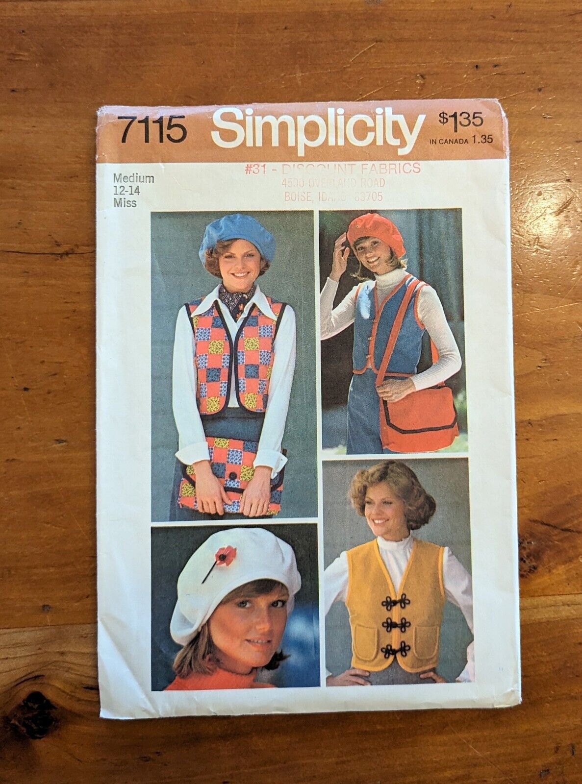 Simplicity Pattern 7115 Vintage 1975 Miss Size 12- 14 Medium Vest Beret Bag