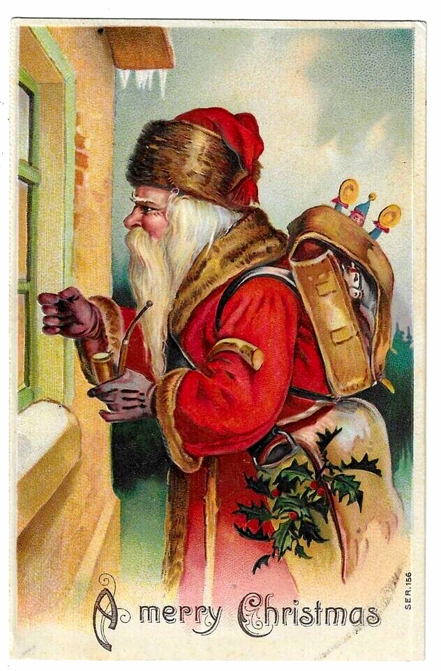 Old World~Santa Claus Knocking at Door with Toys Antique Christmas Postcard~h847