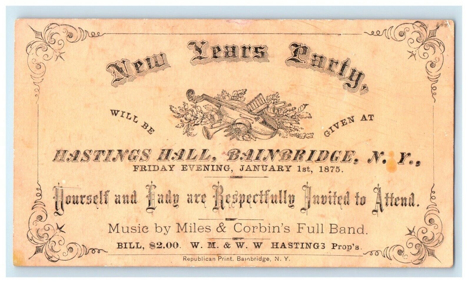 1875 New Year\'s Party Invitation Hastings Hall Bainbridge New York NY Postcard