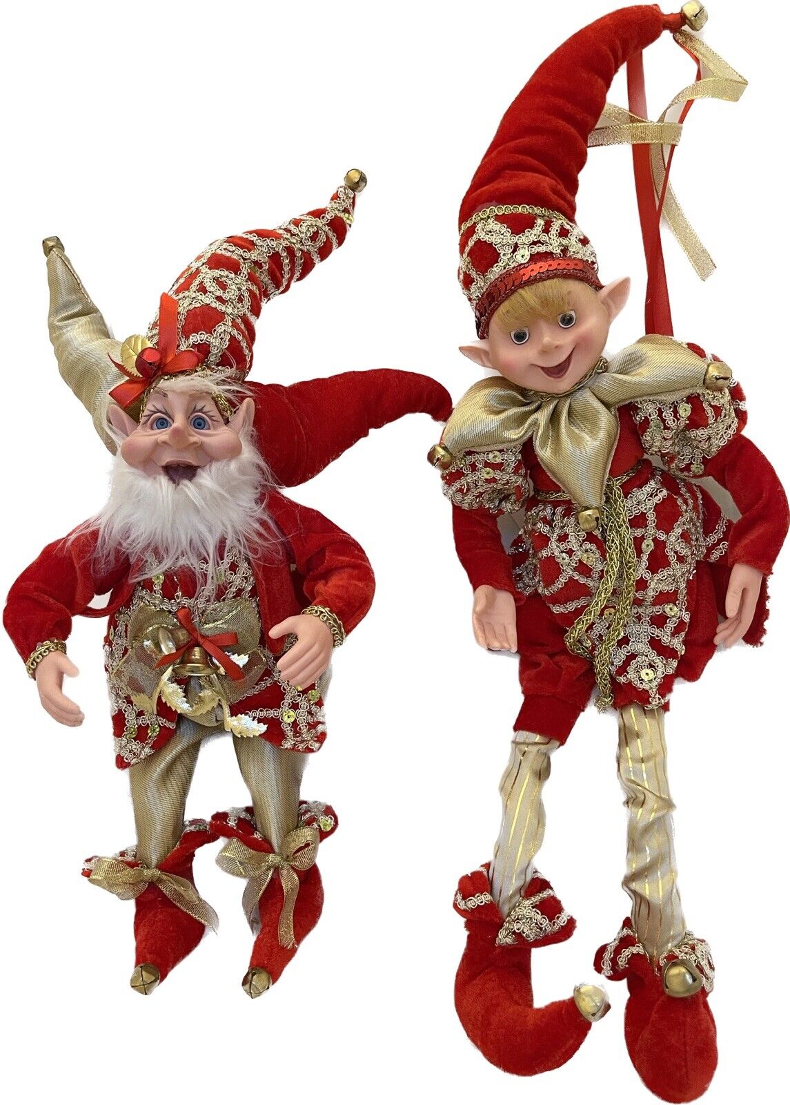 2PC Set - Christmas Handmade Holiday Posable Elves And Jester Figurines / Dolls