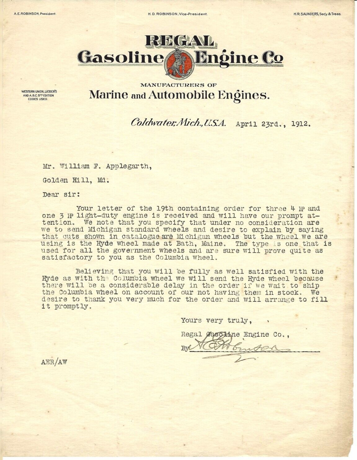 1912 Advertising Letterhead REGAL Gasoline Engine Co Coldwater MI Marine Auto