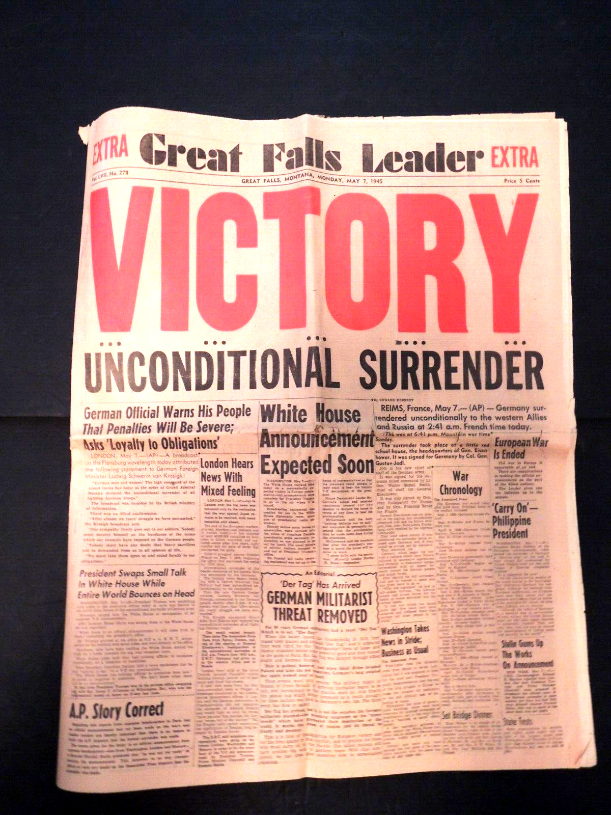 Germany Surrenders Victory in Europe May 1945 Great Falls MT Paper Red Headline