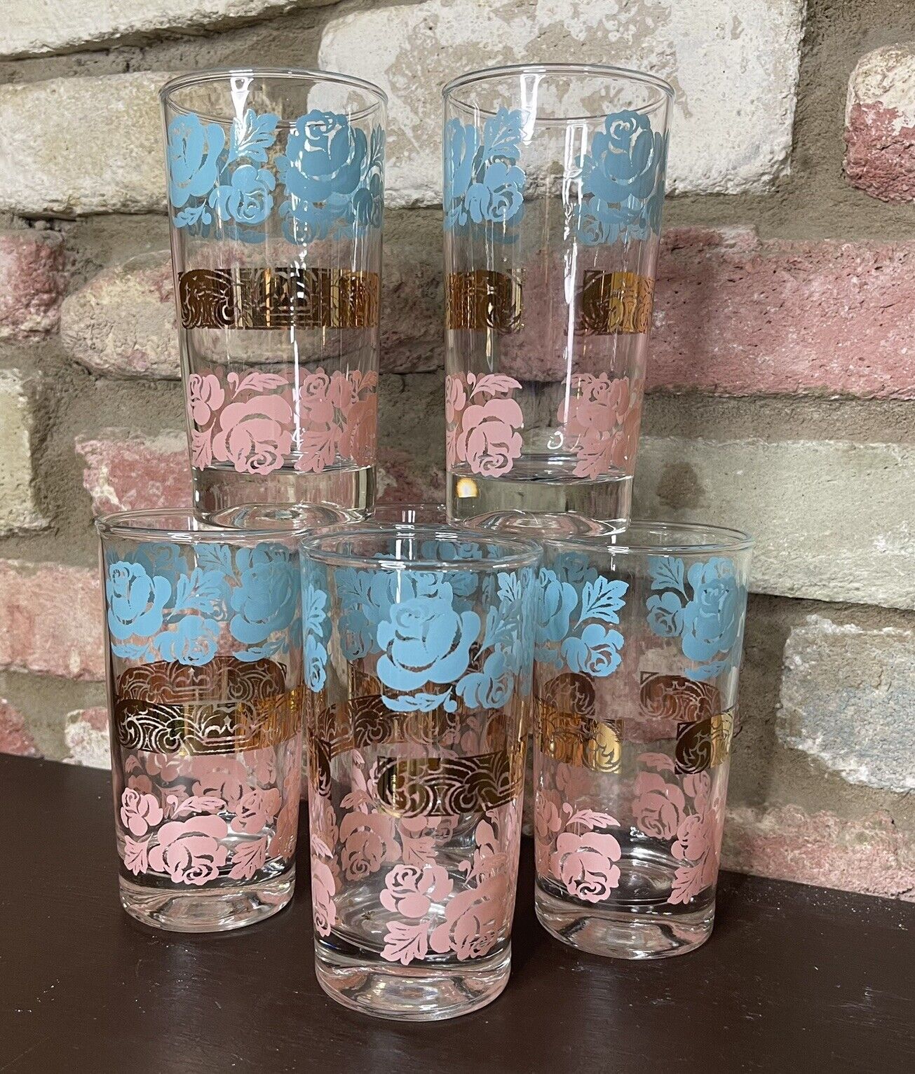 Vintage Pink Turquoise & Gold Flower Drinking Glasses 11 Oz Glasses Set Of 6