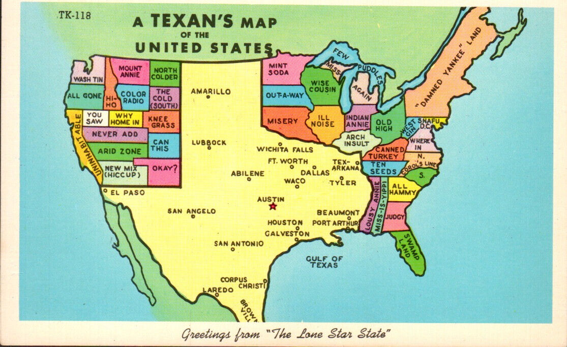 A Texan\'s Map of the US, Greetings from the Lone Star State Postcard 2056