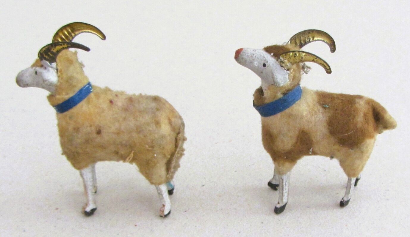 2 ANTIQUE GERMAN PUTZ MATCHSTICK LEG~COMPOSITION WOOL~SHEEP GOATS RAMS w/COLLAR