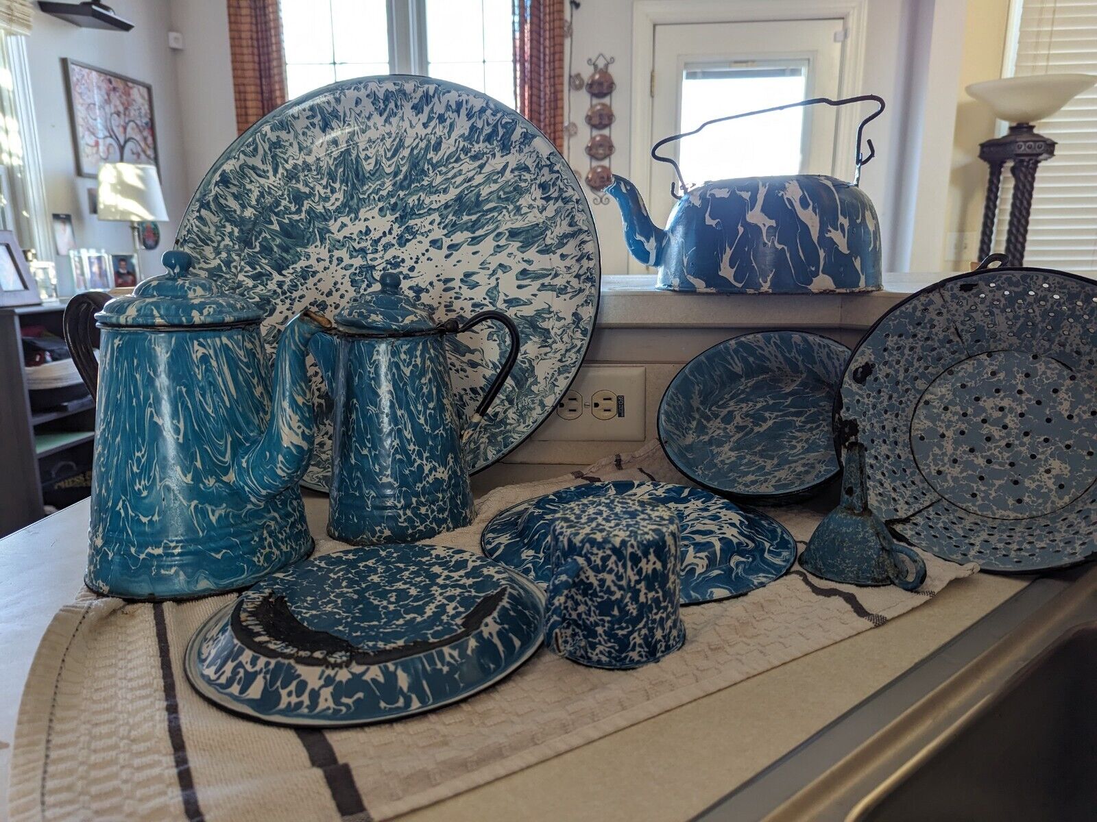 10 Pc Antique, Early 20th Century Blue & White Graniteware, Plates, Pans, Kettle