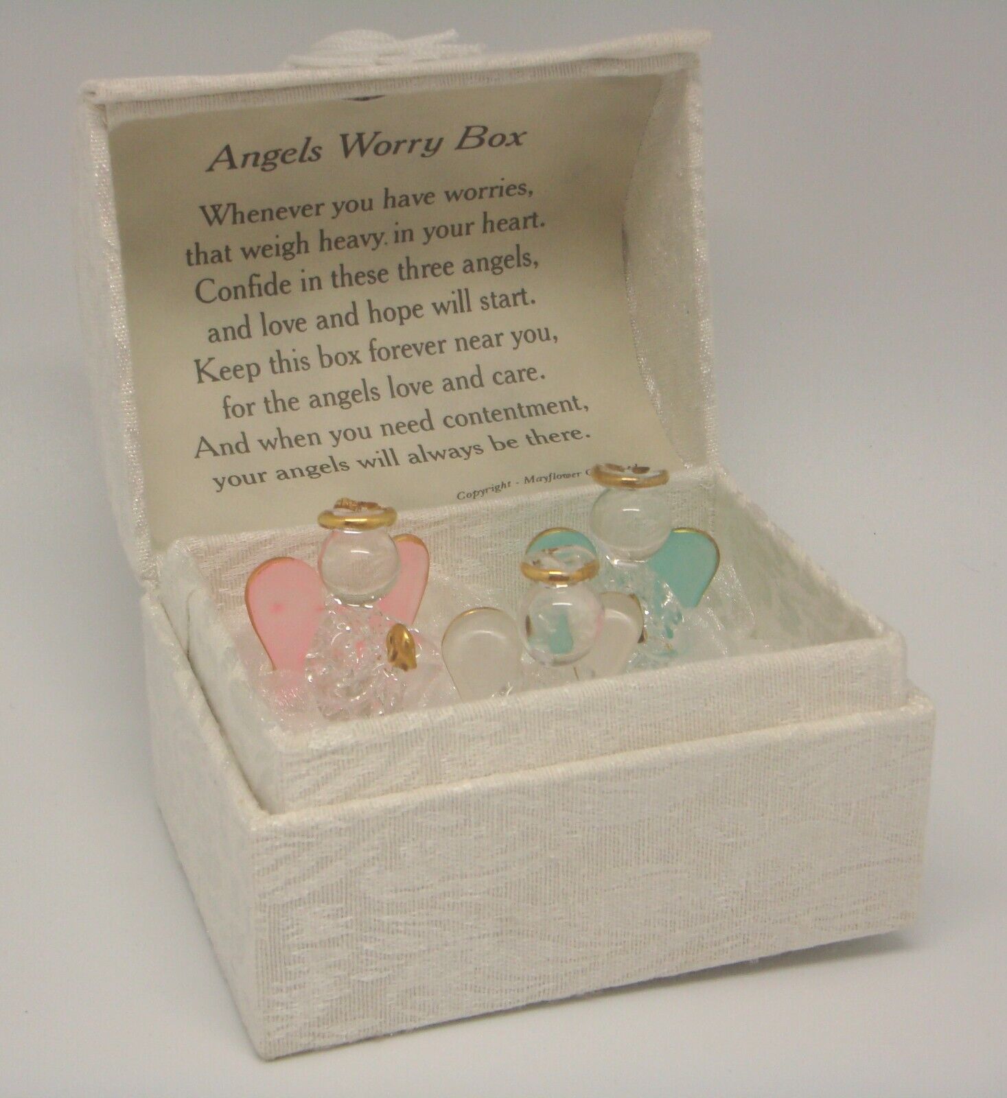 Angel Worry Box 3 Spun Glass Angels with Gold Trim in a Brocade Barrel Chest