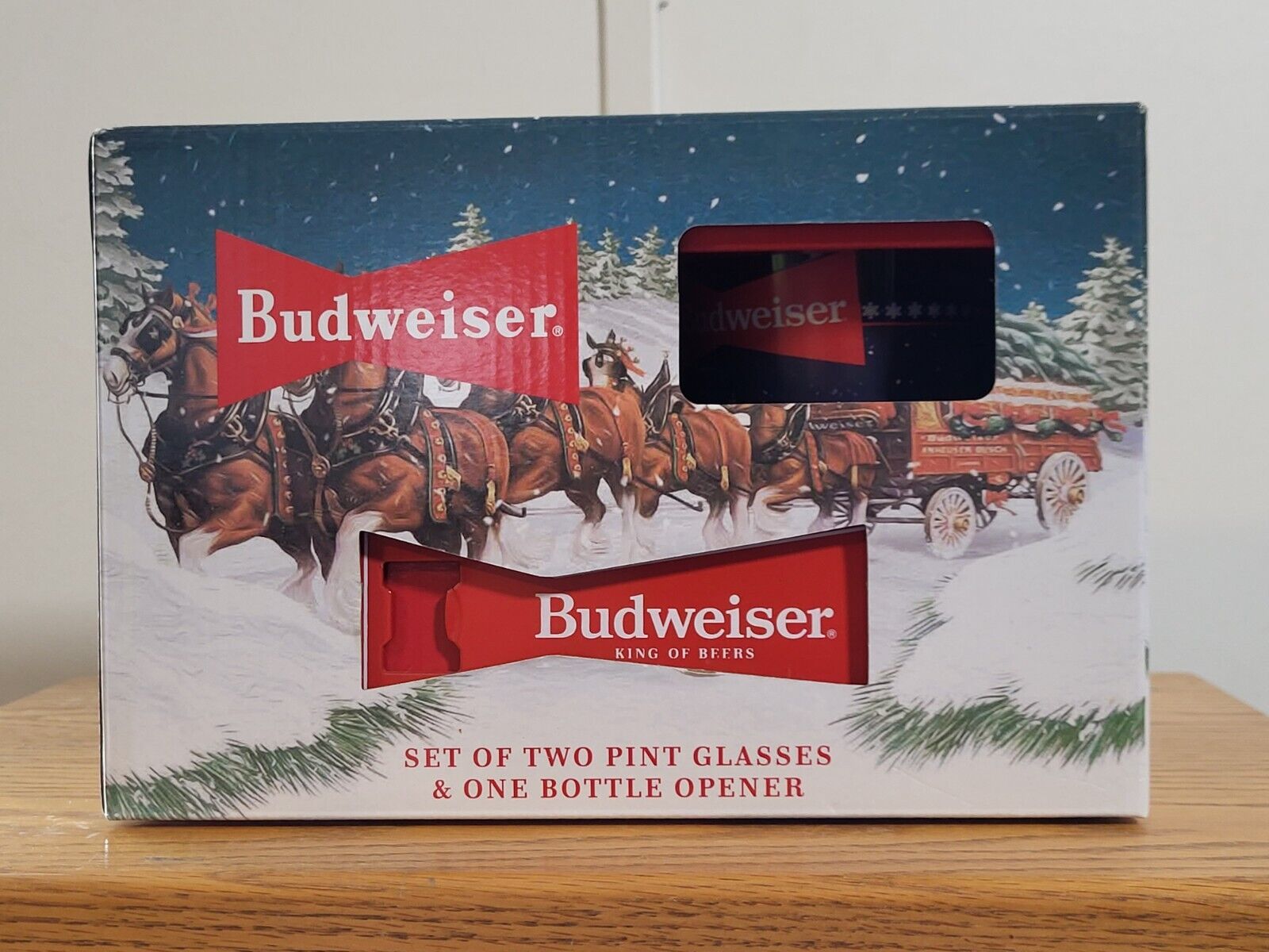 Budweiser Set 2 Pint Glasses Christmas and Bottle Opener, Limited Edition