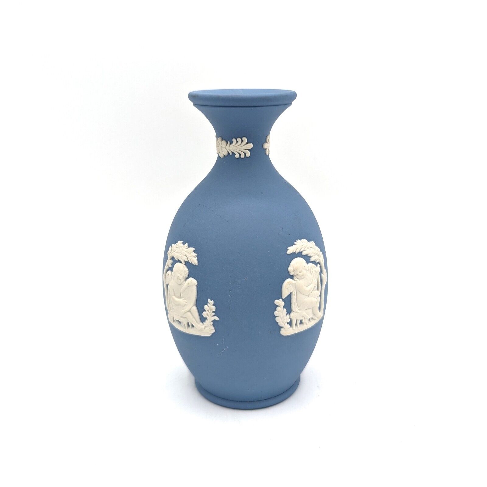 Vintage Wedgwood Blue Jasperware Cameo Bud Vase 5” Cupid England Miniature EXC