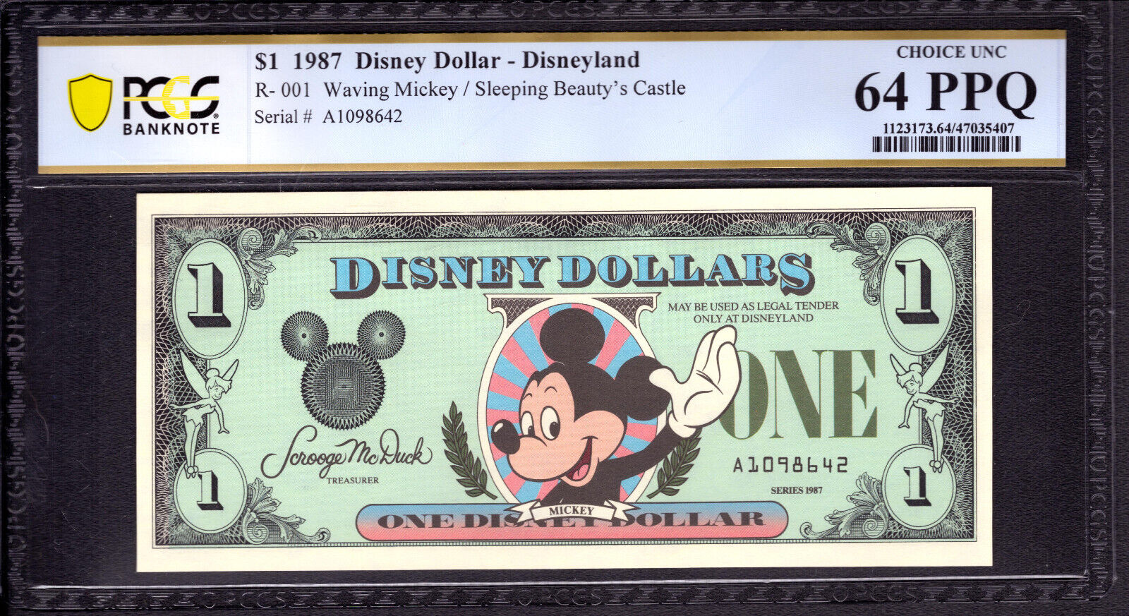 1987 $1 DISNEY DOLLAR DISNEYLAND MICKEY MOUSE WAVING SLEEPING BEAUTY PCGS 64 PPQ