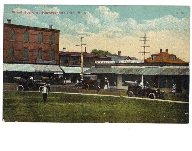c1910 Street Scene Narragansett Pier RI Rhode Island Old Cars Stores Postcard