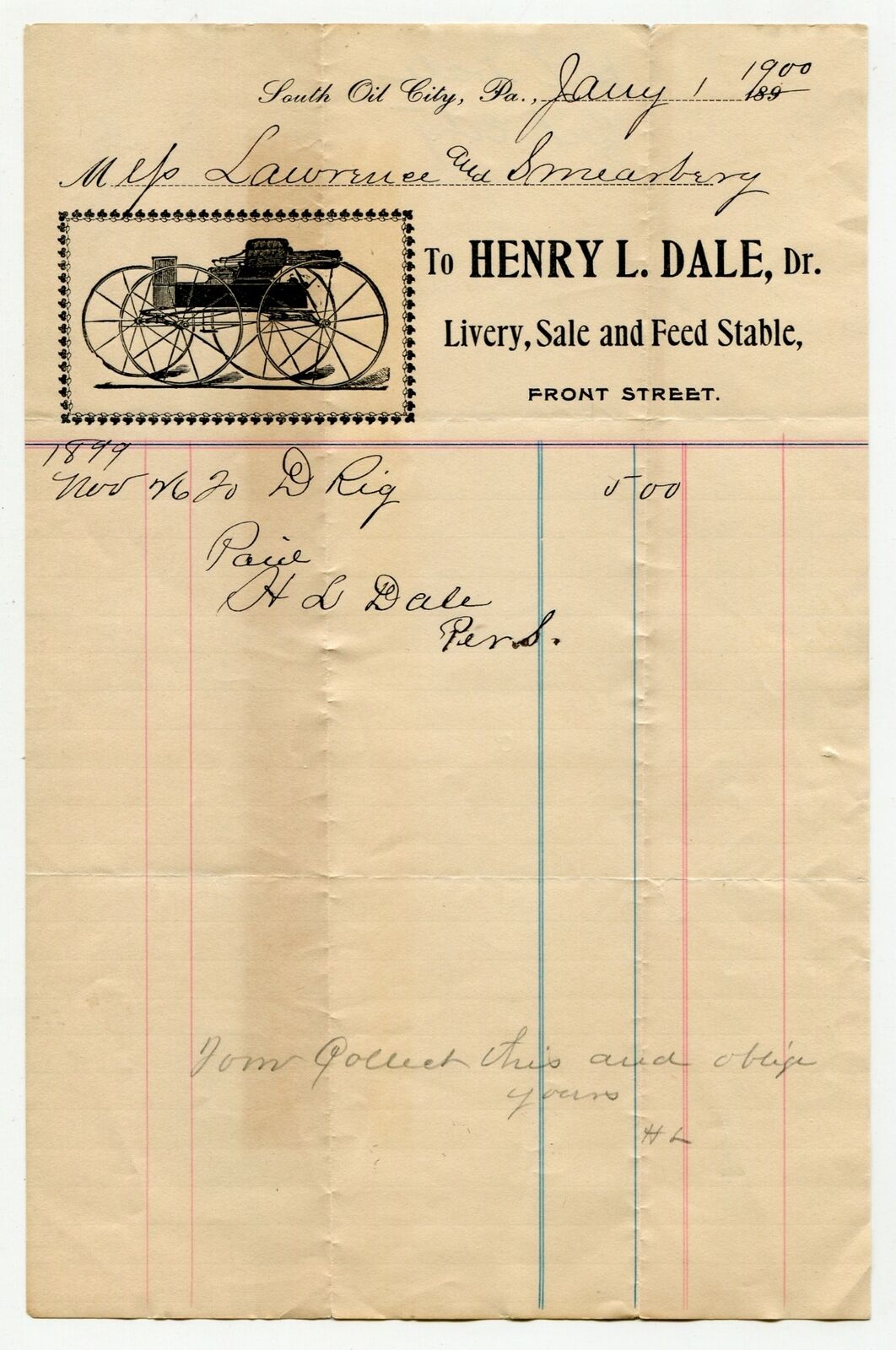 1900 Billhead South Oil City Pennsylvania Henry L. Dale Livery Sale Feed Stable